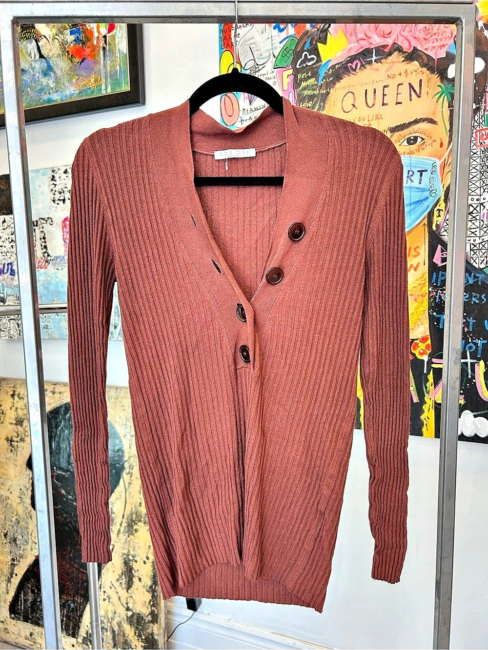 Bob Ore Ribbed Button-Front Cardigan in Brown
